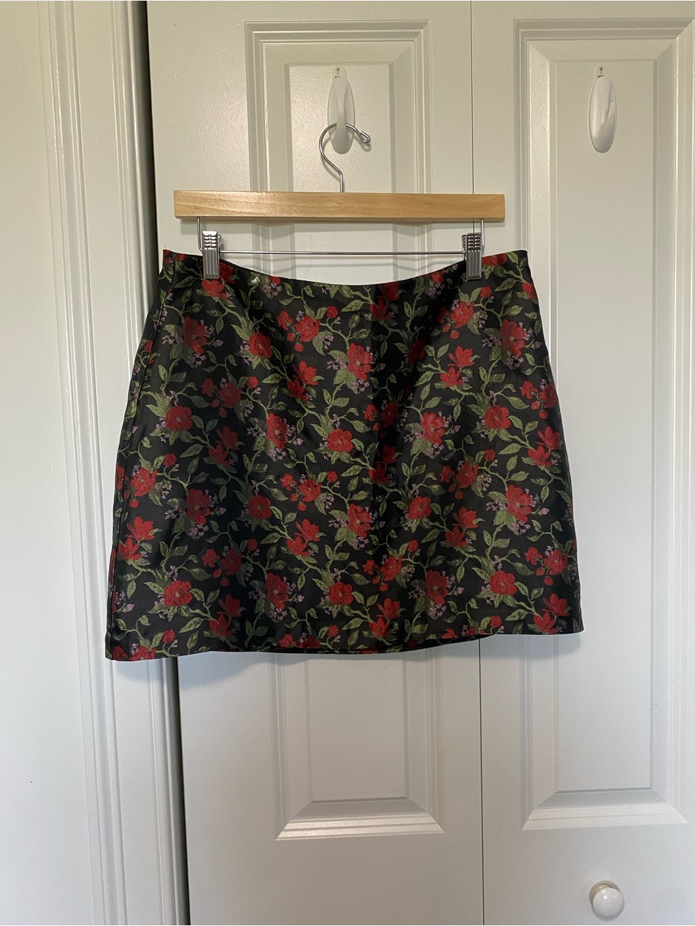 Reformation Black Mini Skirt with Red Floral Jacquard